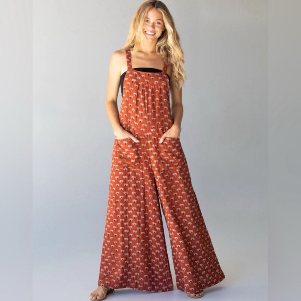 Natural Life Dakota Tie Gauze Overall Jumpsuit Wide Leg Rust Tree Print L